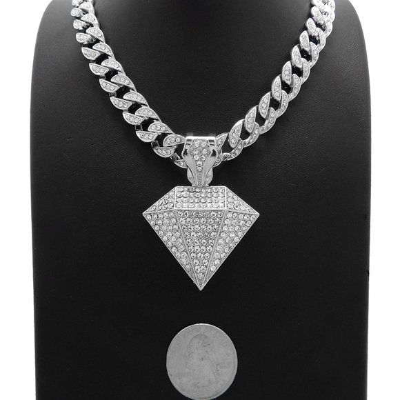 Iced Diamond Shape Pendant Ice Bling Cuban Chain - Picture 1 of 10